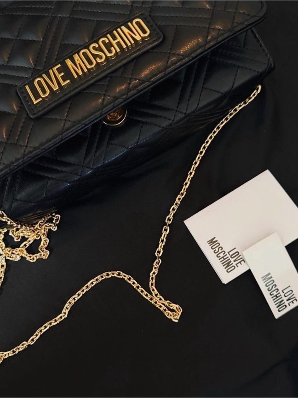 Love Moschino Black Quilted Crossbody Bag with Gold Chain